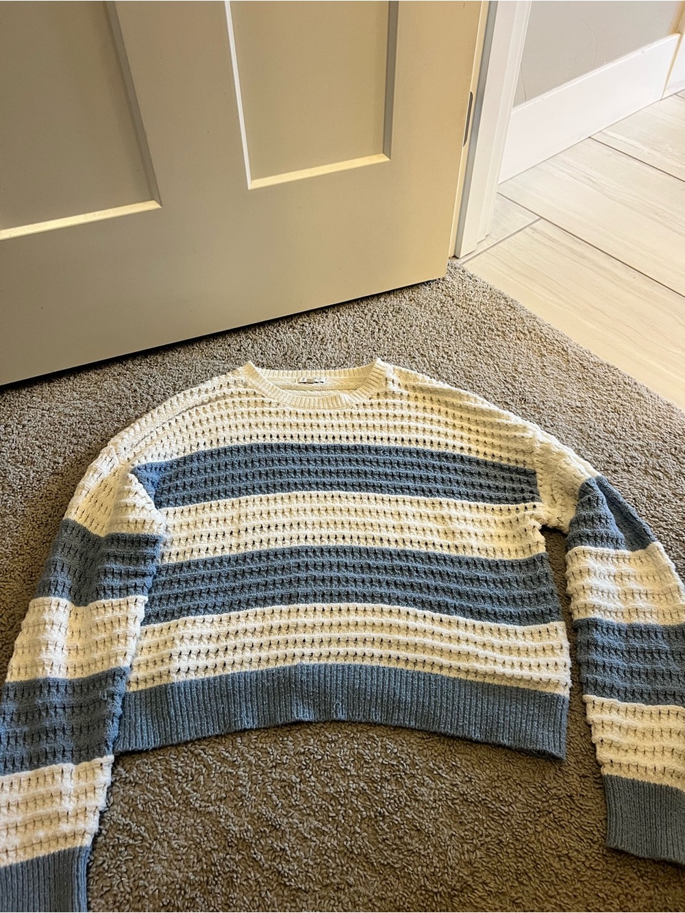 Z Supply Cream and Blue Waffle-Stripe Crewneck Sweater